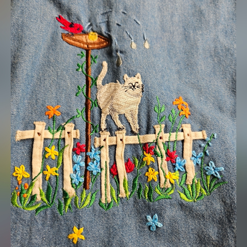 Casey & Max Vintage Women's Vest Size Large Cats In Garden Bird Bath Embroidery - Picture 5 of 14